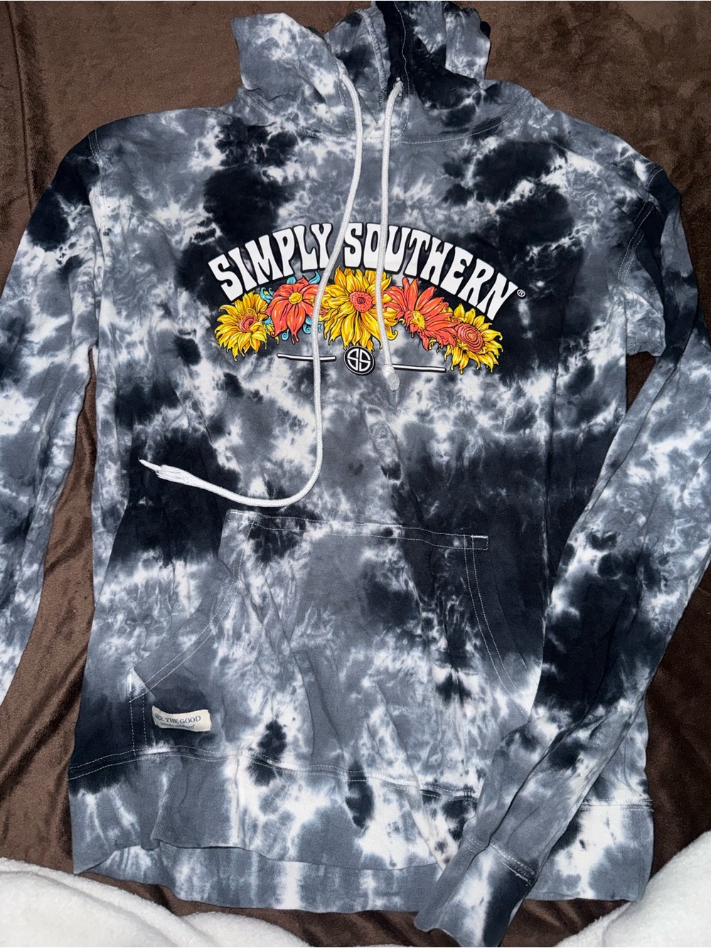 Simply Southern Black & White Tie-Dye Hoodie with Sunflower Print